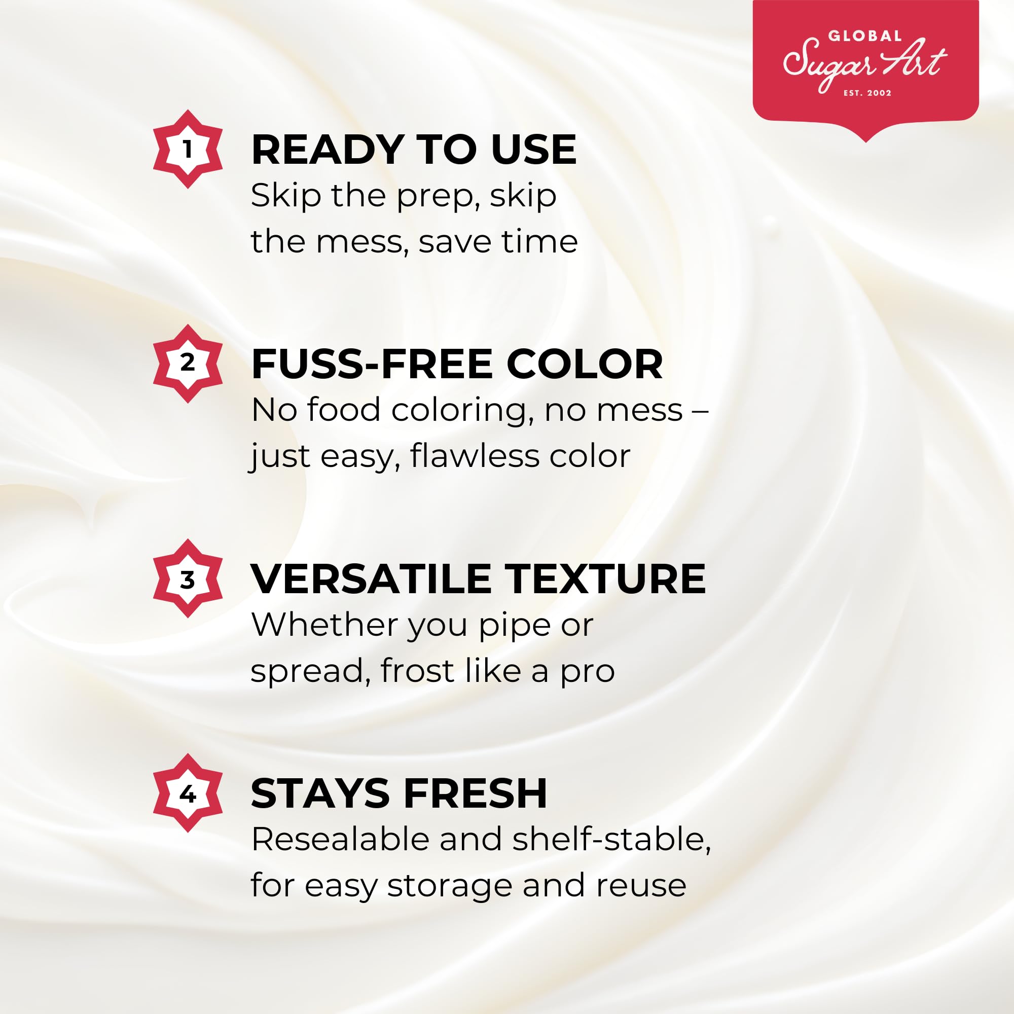 Global Sugar Art midnight black frosting piping creates sharp borders and decorative swirls