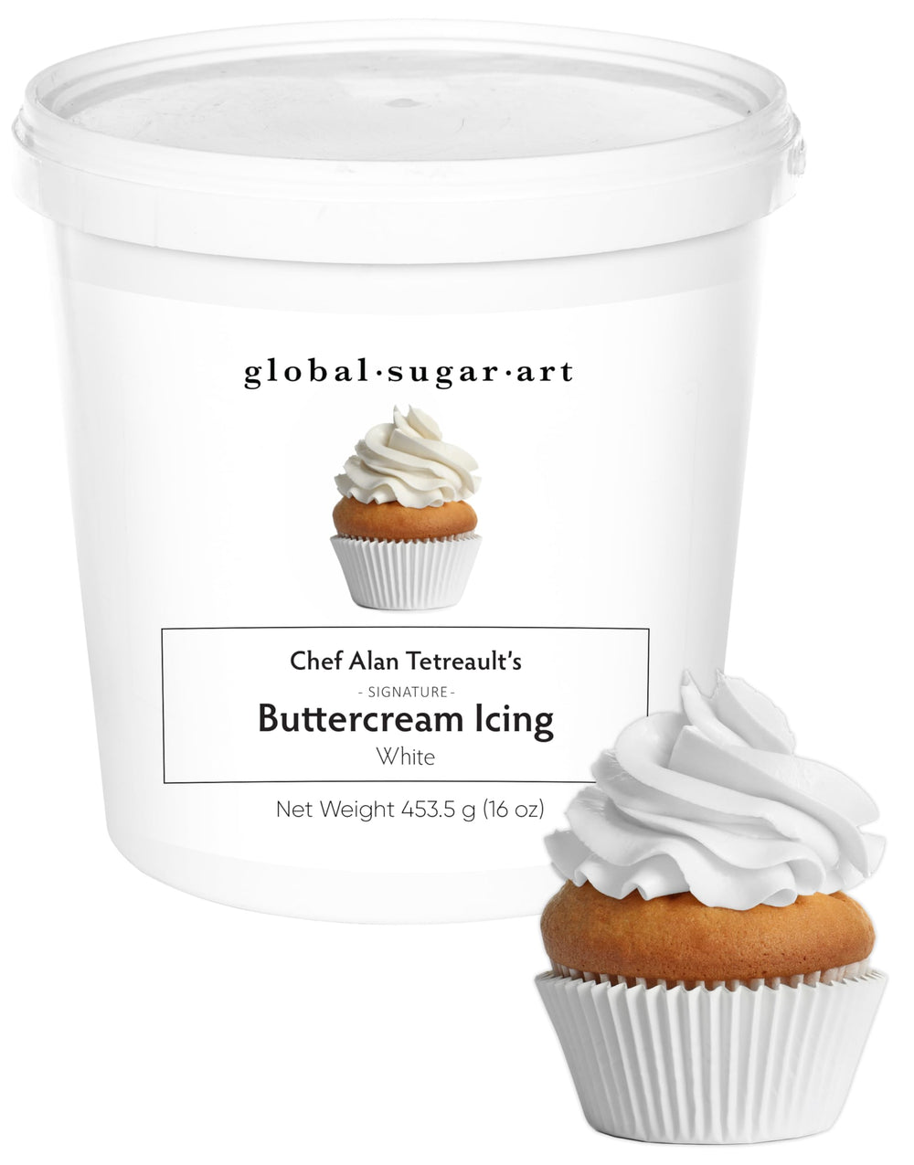 Global Sugar Art White Buttercream Frosting tub front view for quick decorating and mess-free prep.