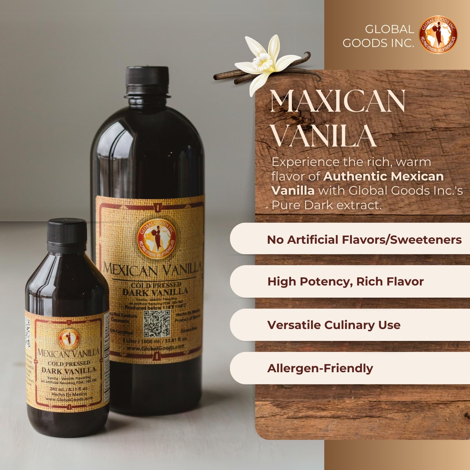 Global Goods vanilla beans closeup highlights premium quality and natural scent.