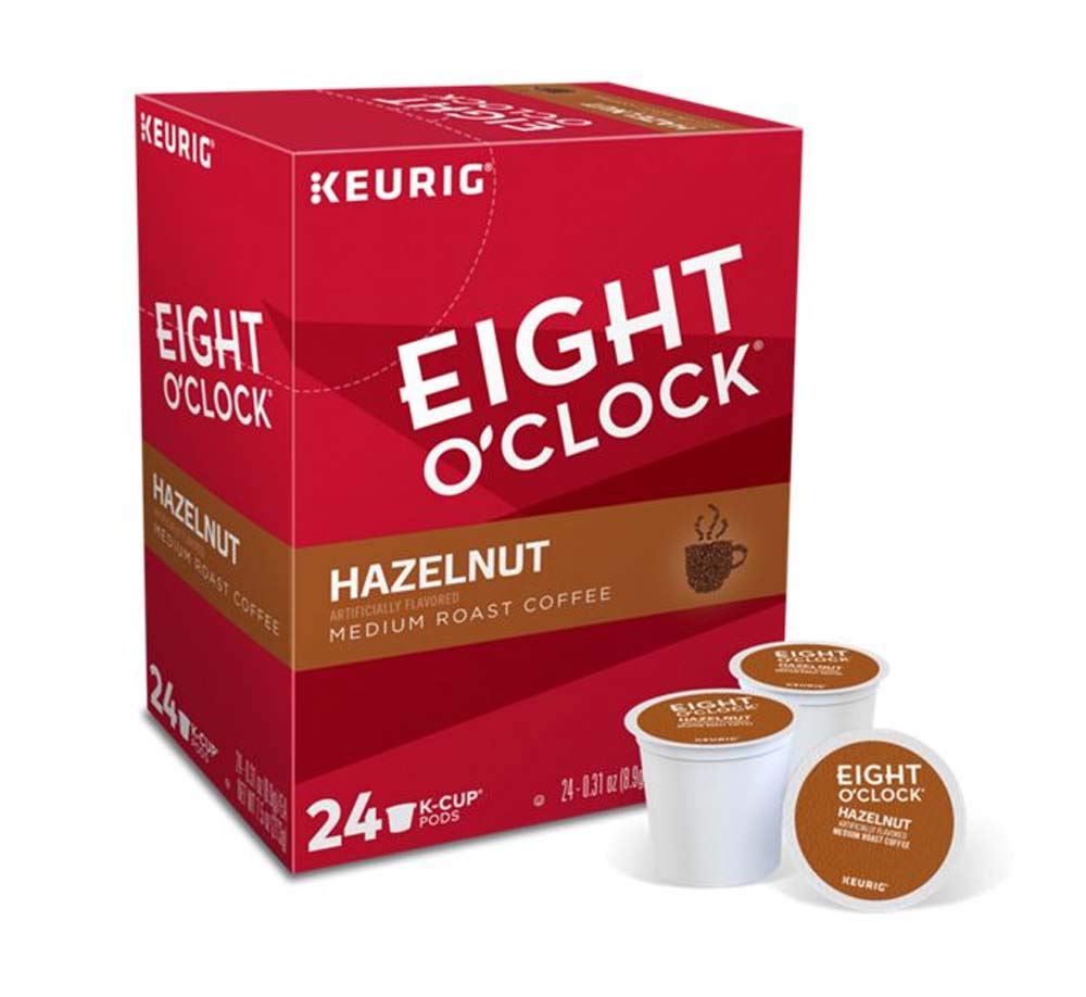 Globalpixels Keurig K-Cups collection with 16-24 count pods including Eight O'Clock Hazelnut for quick brews