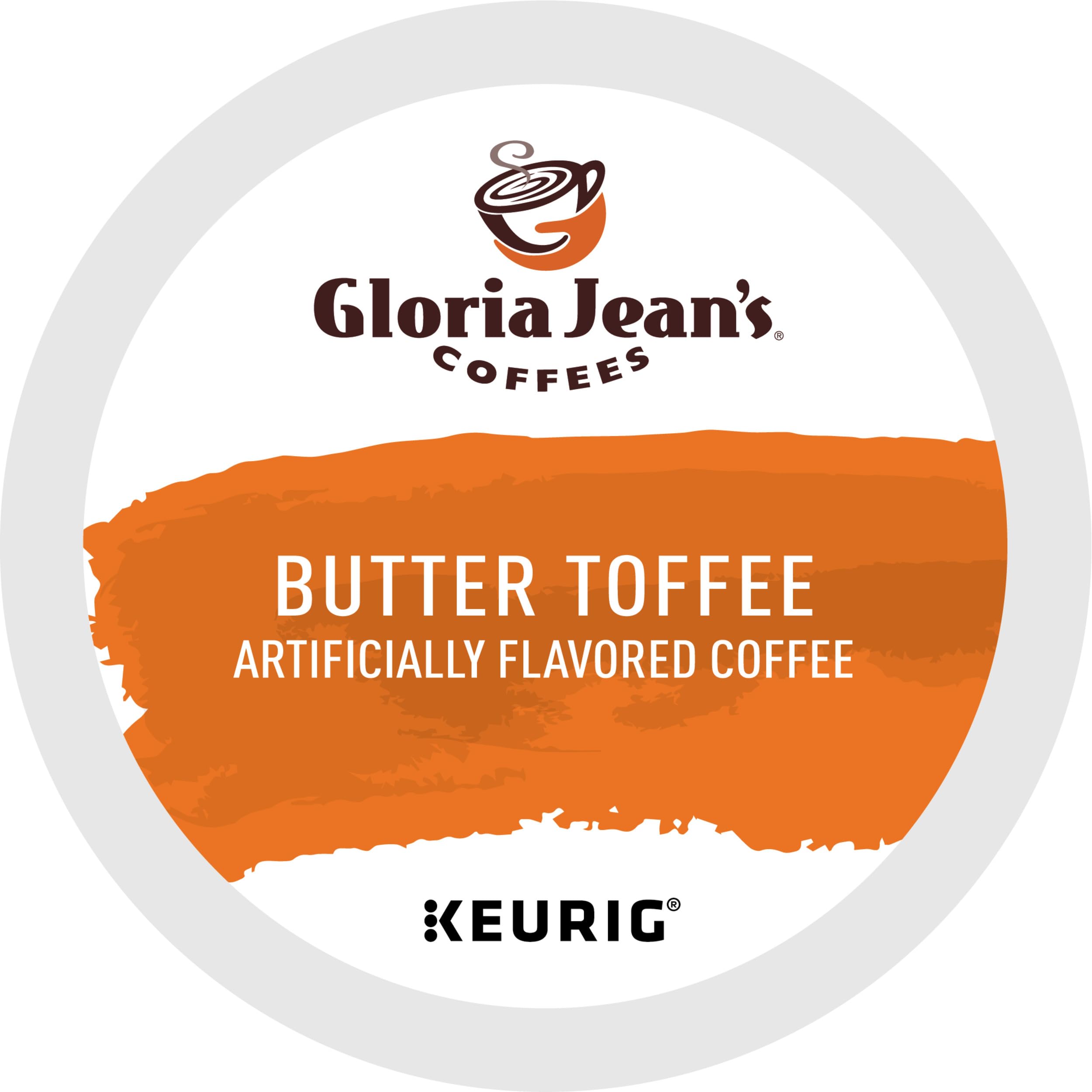 Gloria Jean's Butter Toffee K-Cup pod close-up reveals creamy caramel aroma.
