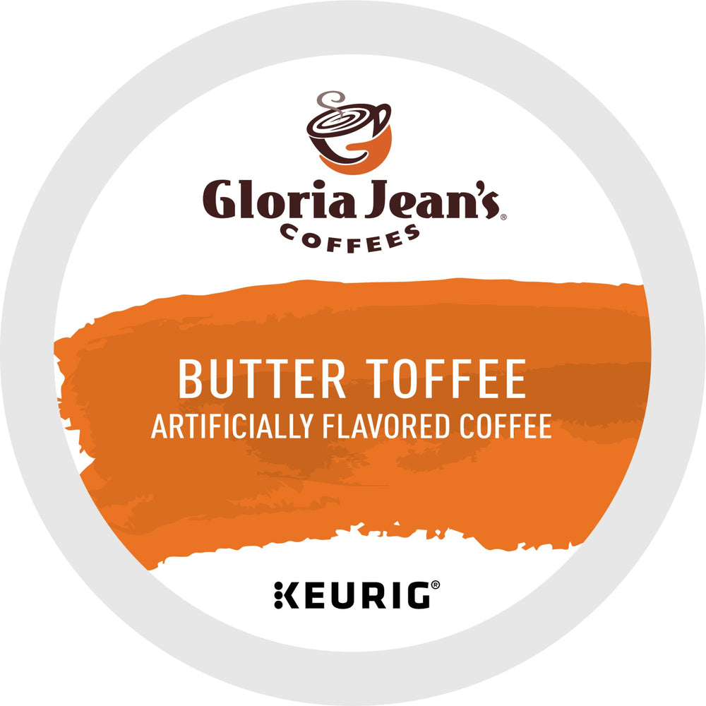 Gloria Jean's Butter Toffee K-Cup pod close-up reveals creamy caramel aroma.