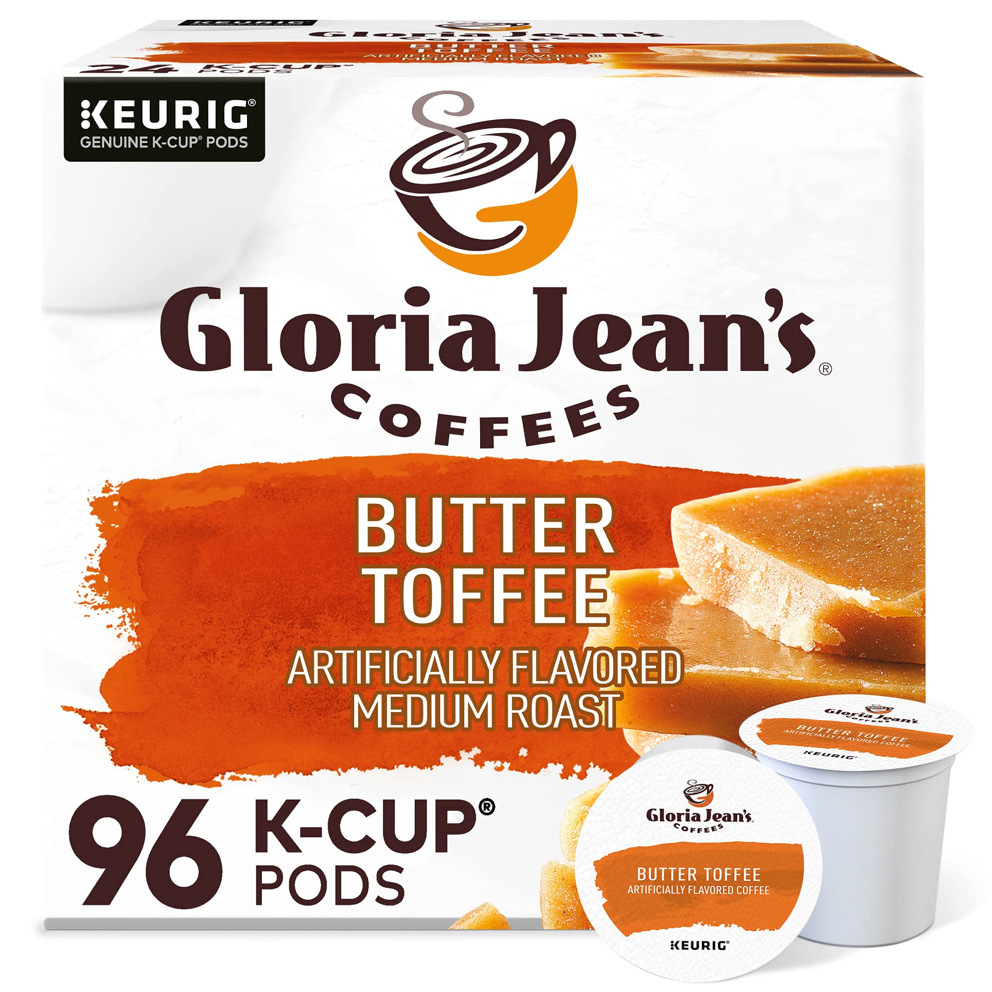 Gloria Jean's Butter Toffee Keurig pod ready for brewing, rich flavor.
