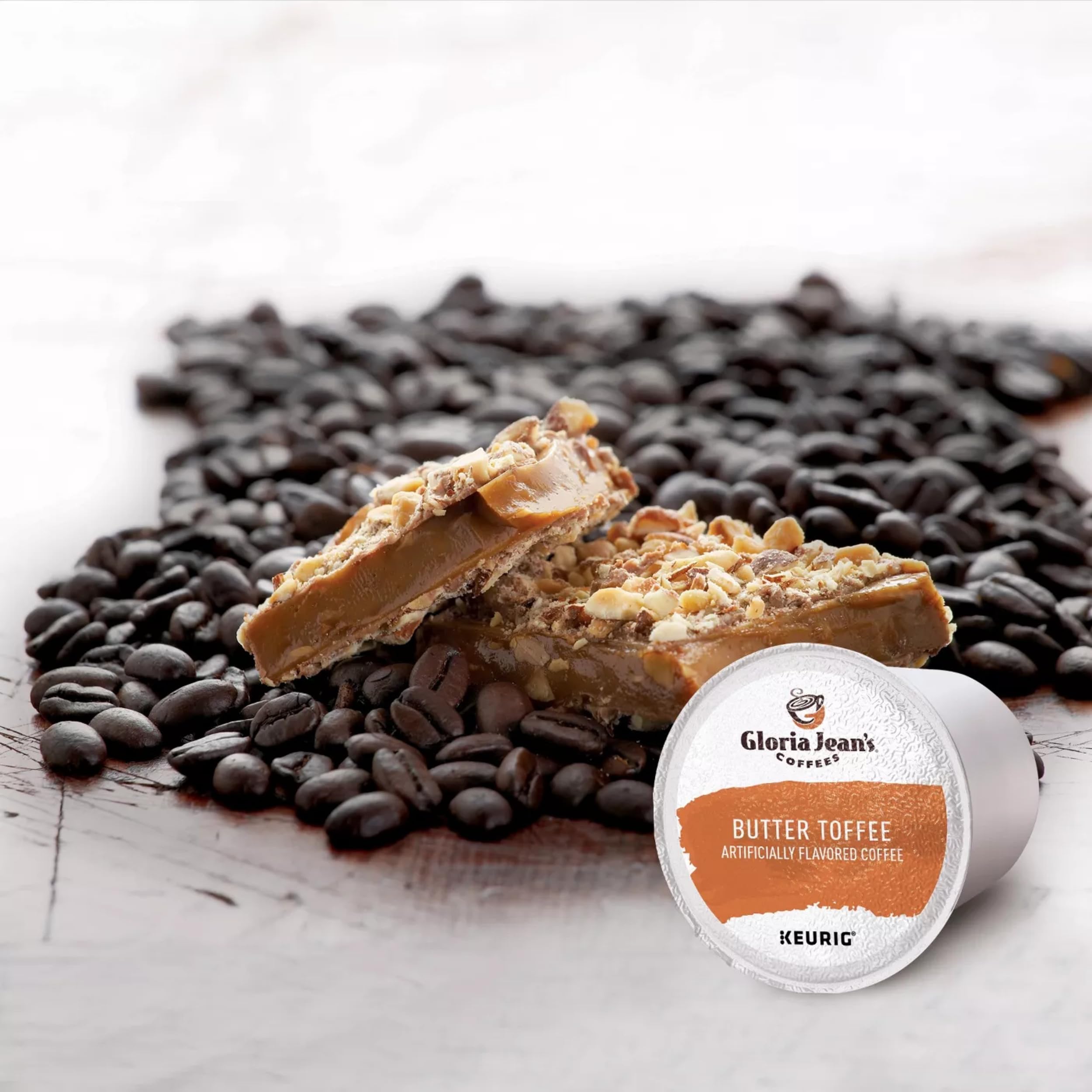 Gloria Jean's Butter Toffee recyclable K-Cup pods labeled for easy disposal.