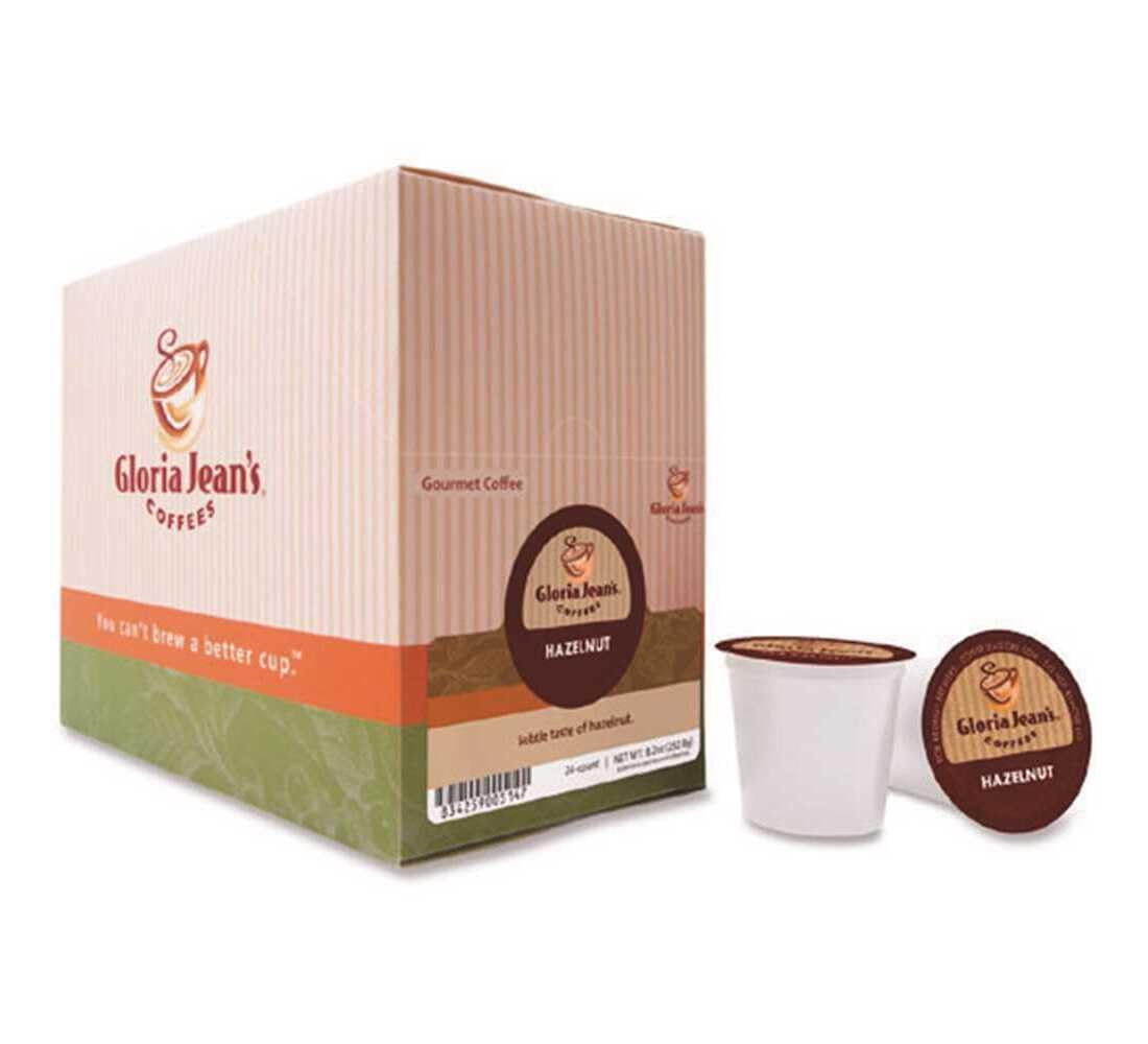 Gloria Jean's 24-count box front supports easy home coffee routines.