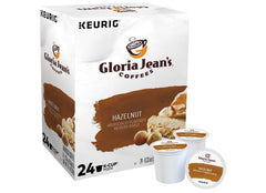 Gloria Jean's Hazelnut flavored medium roast label on box for quick mornings.