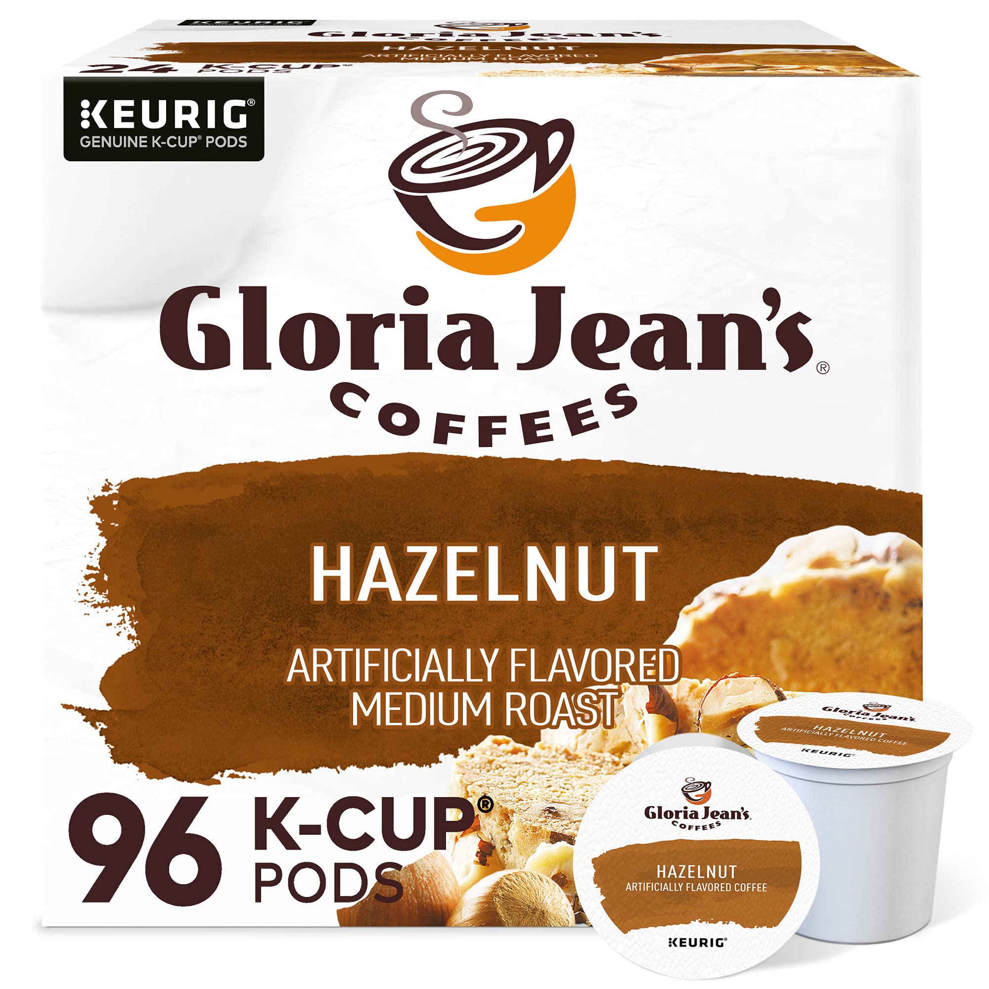Gloria Jean's Hazelnut K-Cup pods on packaging label for quick single-serve mornings.