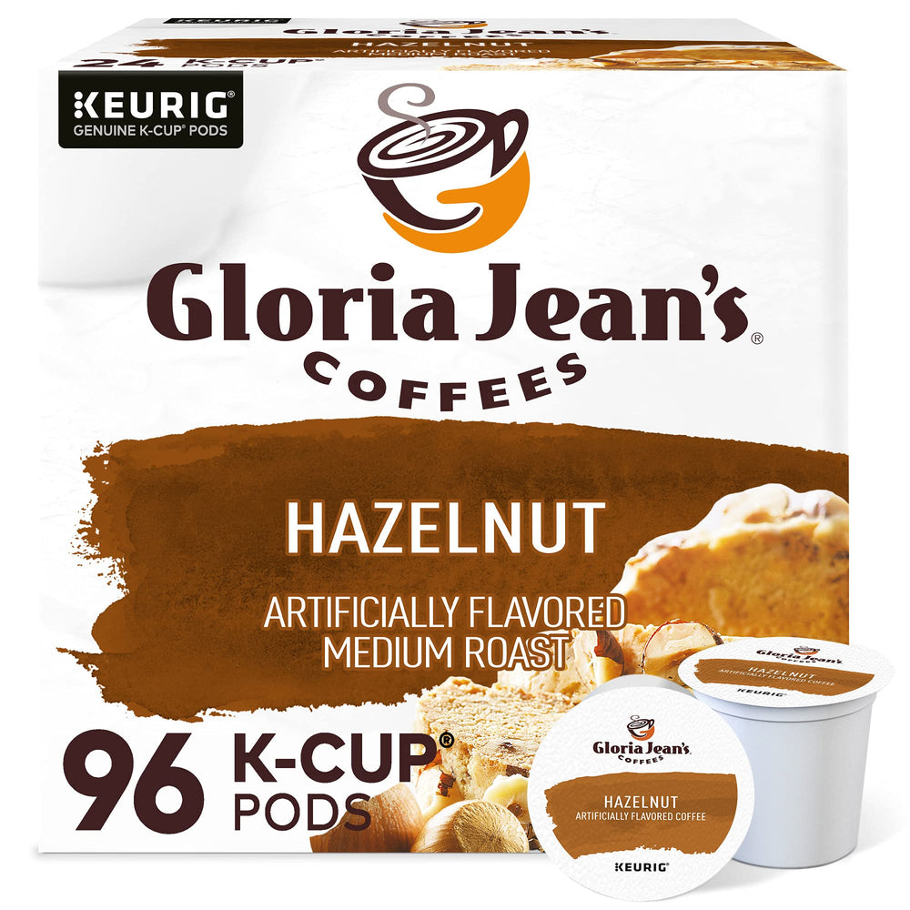 Gloria Jean's Hazelnut K-Cup pods on packaging label for quick single-serve mornings.