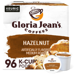 Gloria Jean's Hazelnut K-Cup pods on packaging label for quick single-serve mornings.