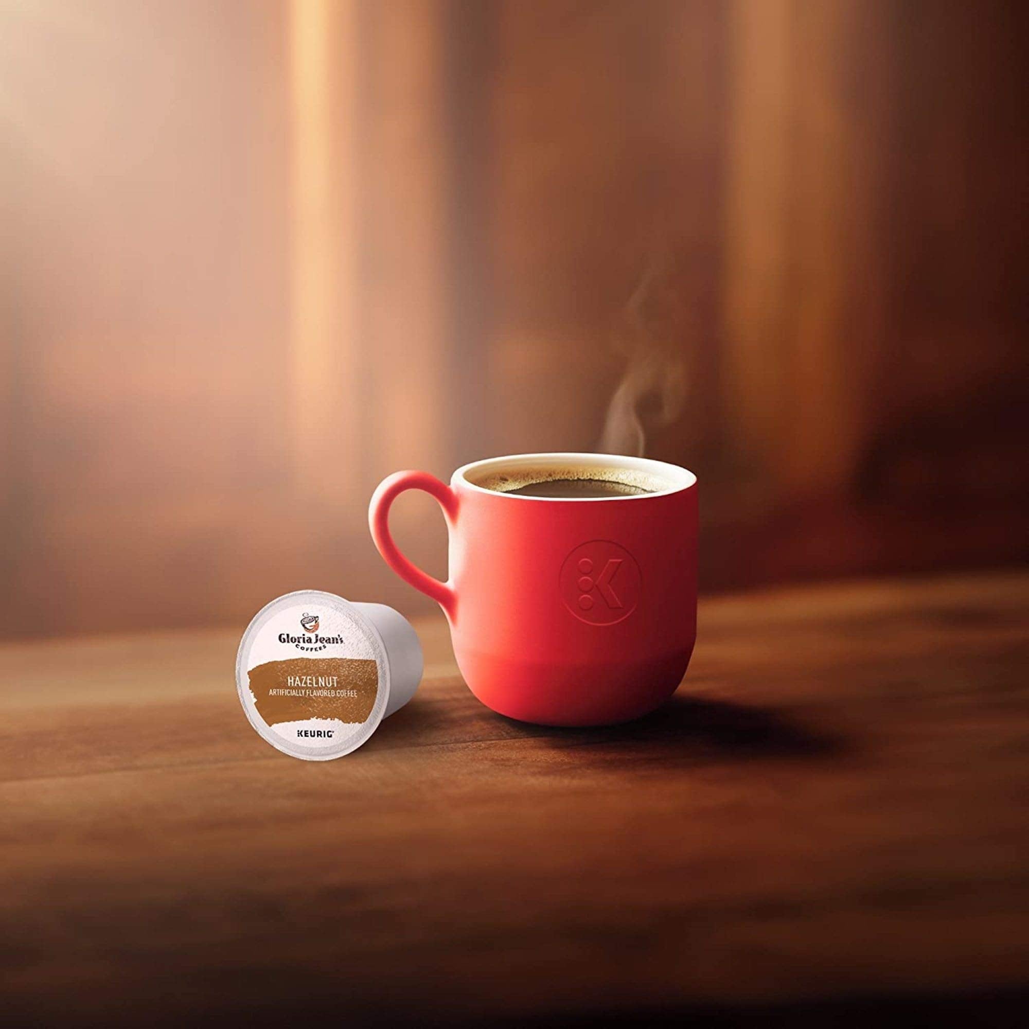 Gloria Jean's Hazelnut K-Cup pods recyclable packaging in select regions.