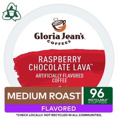 Gloria Jean's Raspberry Chocolate Lava brew in a mug, medium roast flavor.