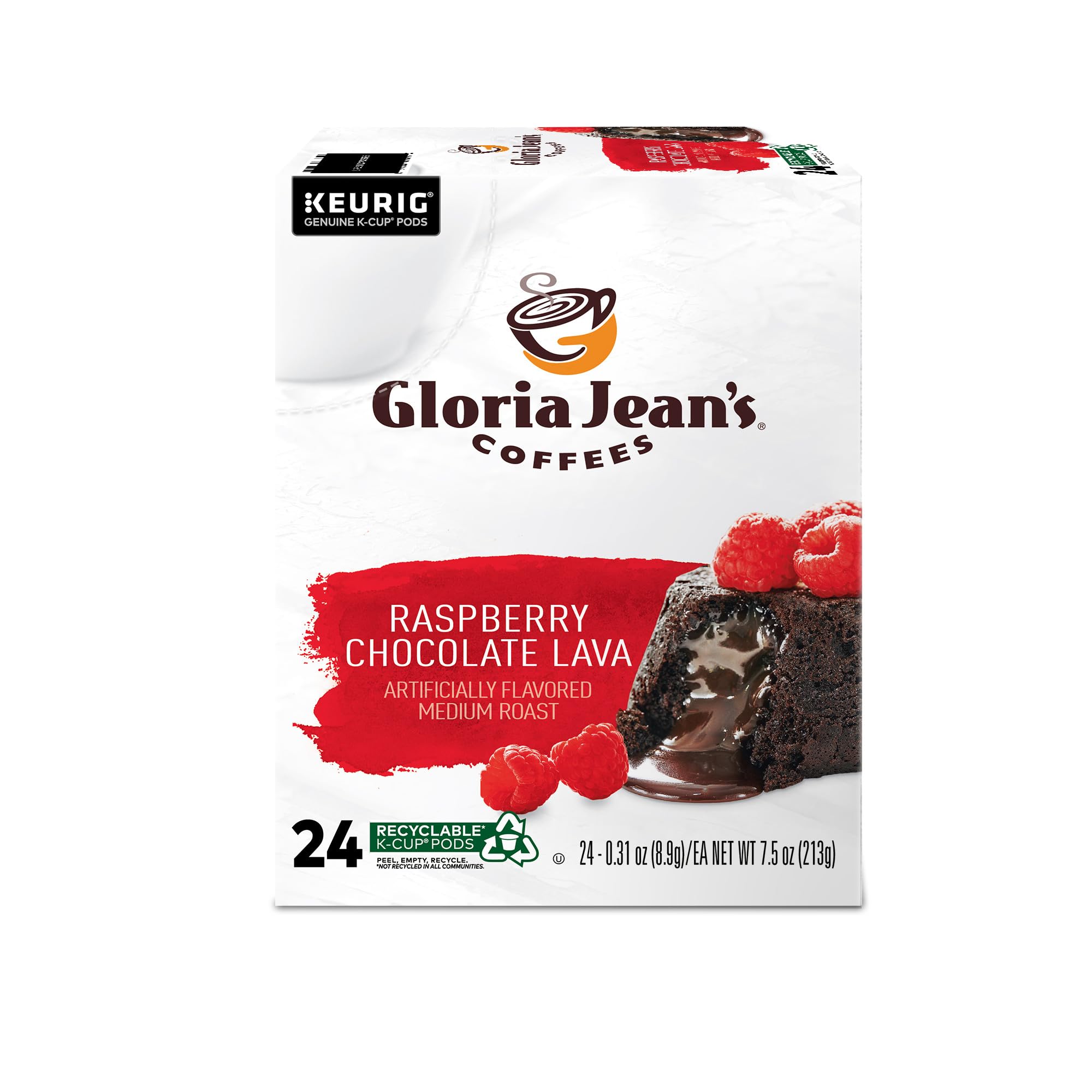 Gloria Jean's Raspberry Chocolate Lava K-Cup packs stacked.