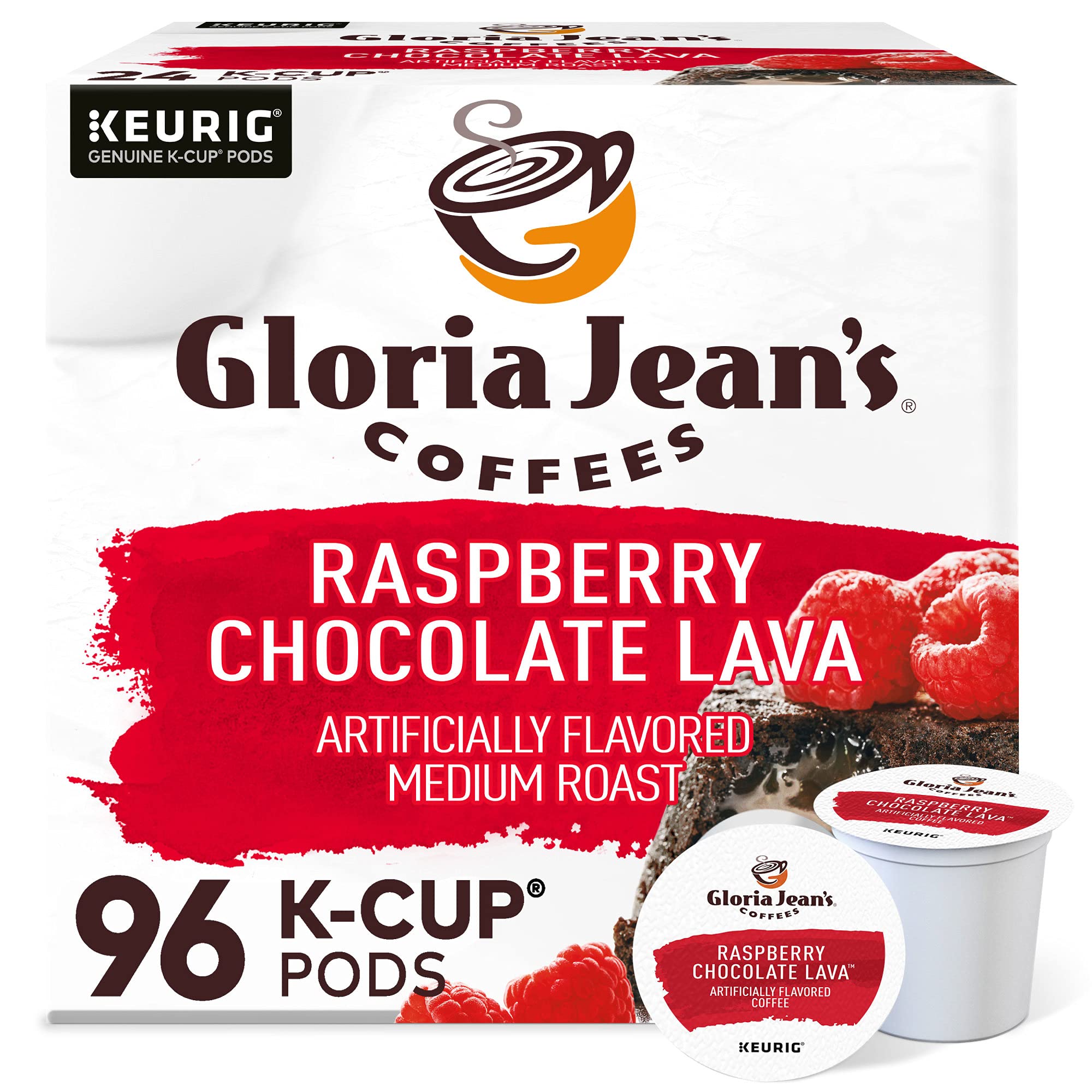 Gloria Jean's Raspberry Chocolate Lava pod ready to brew for convenient single-serve coffee.