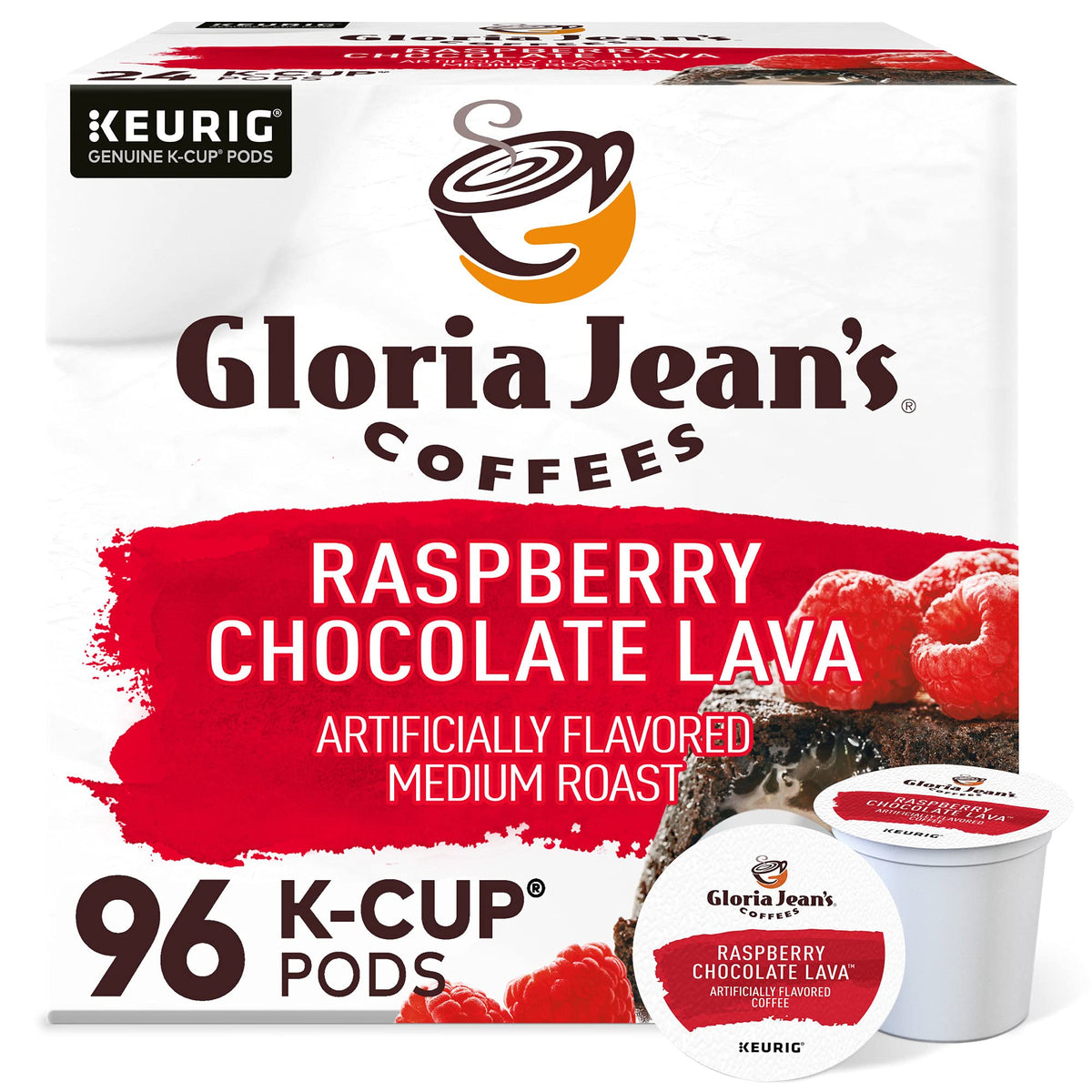 Gloria Jean's Raspberry Chocolate Lava pod ready to brew for convenient single-serve coffee.