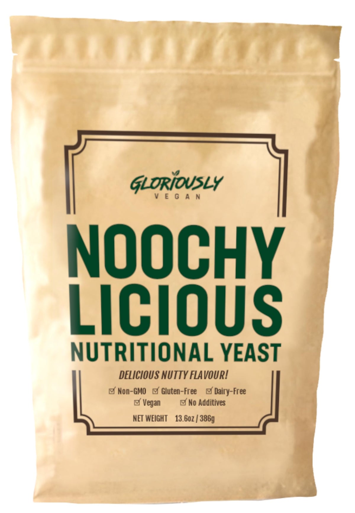 Gloriously Noochy Licious jar front promotes a dairy free flavor for vegan meals