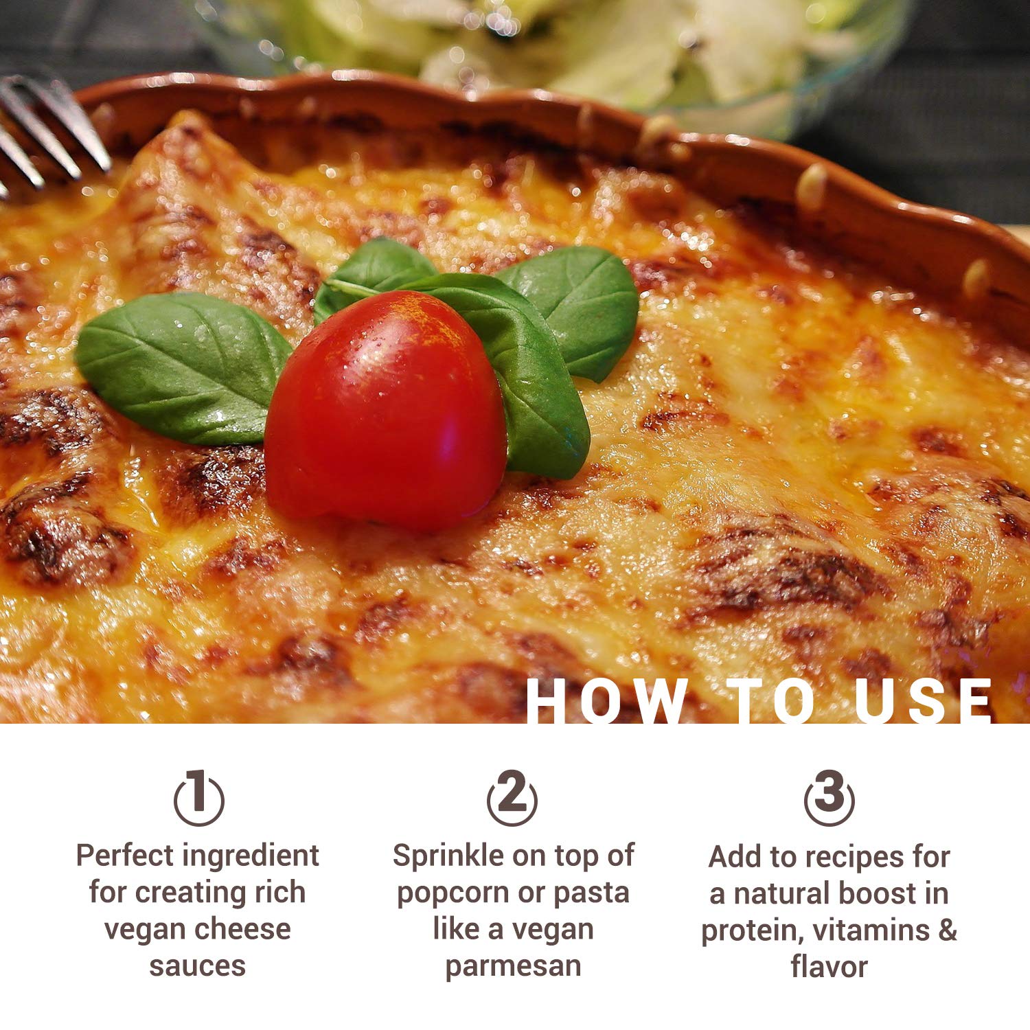 Pasta dish with Gloriously Noochy Licious sprinkled for cheesy plant based sauces