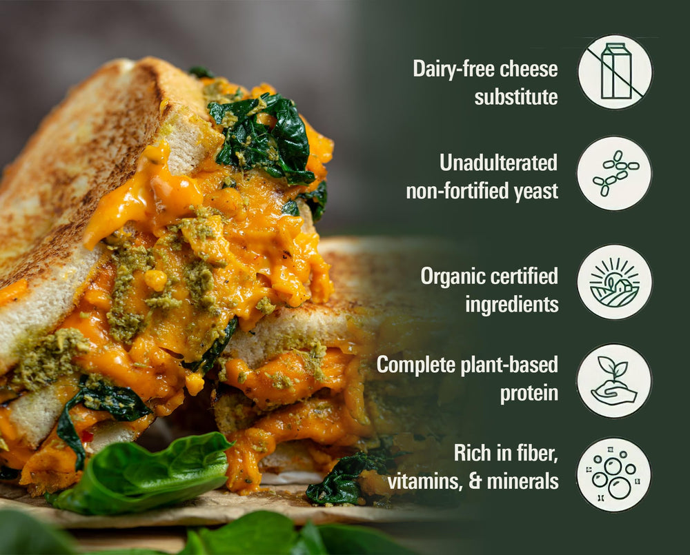 Pizza slice topped with Gloriously Noochy Licious for a savory dairy free option