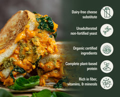 Pizza slice topped with Gloriously Noochy Licious for a savory dairy free option