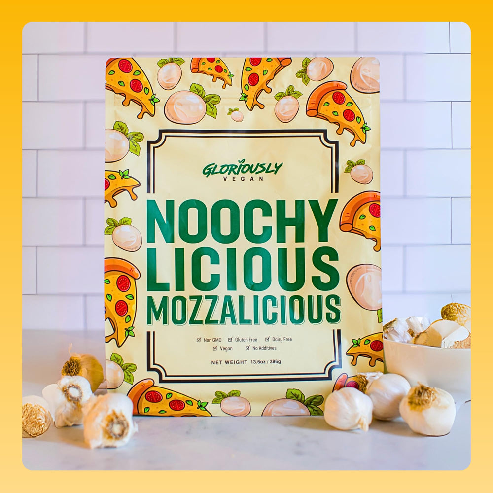 Gloriously Vegan MozzaLicious sprinkled on pasta for quick flavor upgrade.