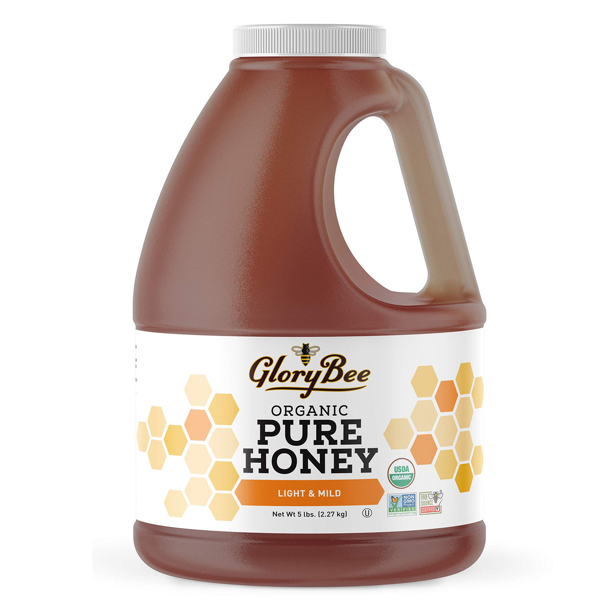 GloryBee light and mild honey jar close-up, highlighting purity for baking and everyday use.