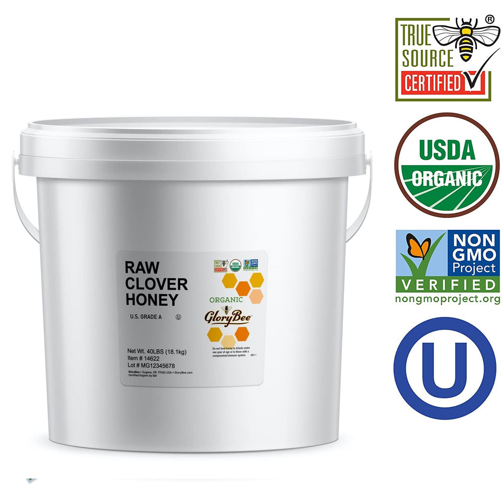 GloryBee organic clover honey bulk pail in kitchen pantry.