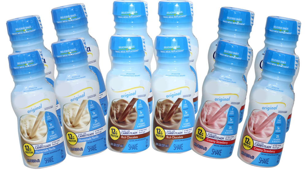 Glu Original Shake 12-pack bottle shows three flavors and protein-rich nutrition.