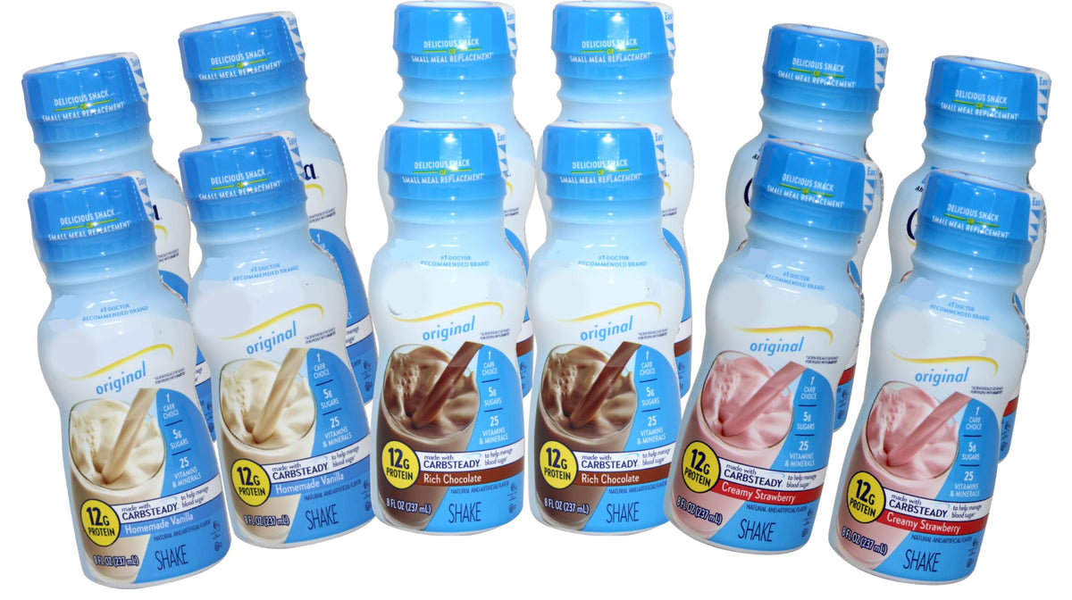 Glu Original Shake 12-pack bottle shows three flavors and protein-rich nutrition.