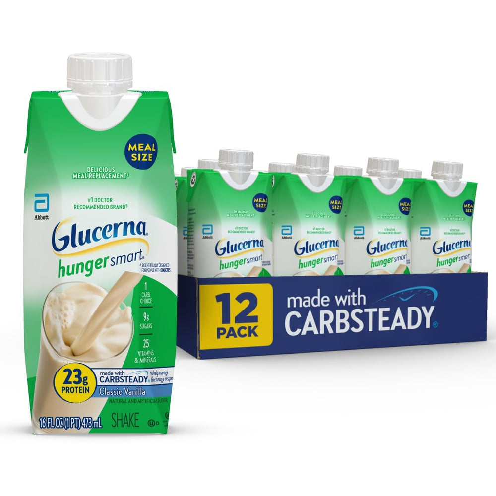 Glucerna Hunger Smart bottle in classic vanilla for on-the-go diabetes-friendly meal replacement.
