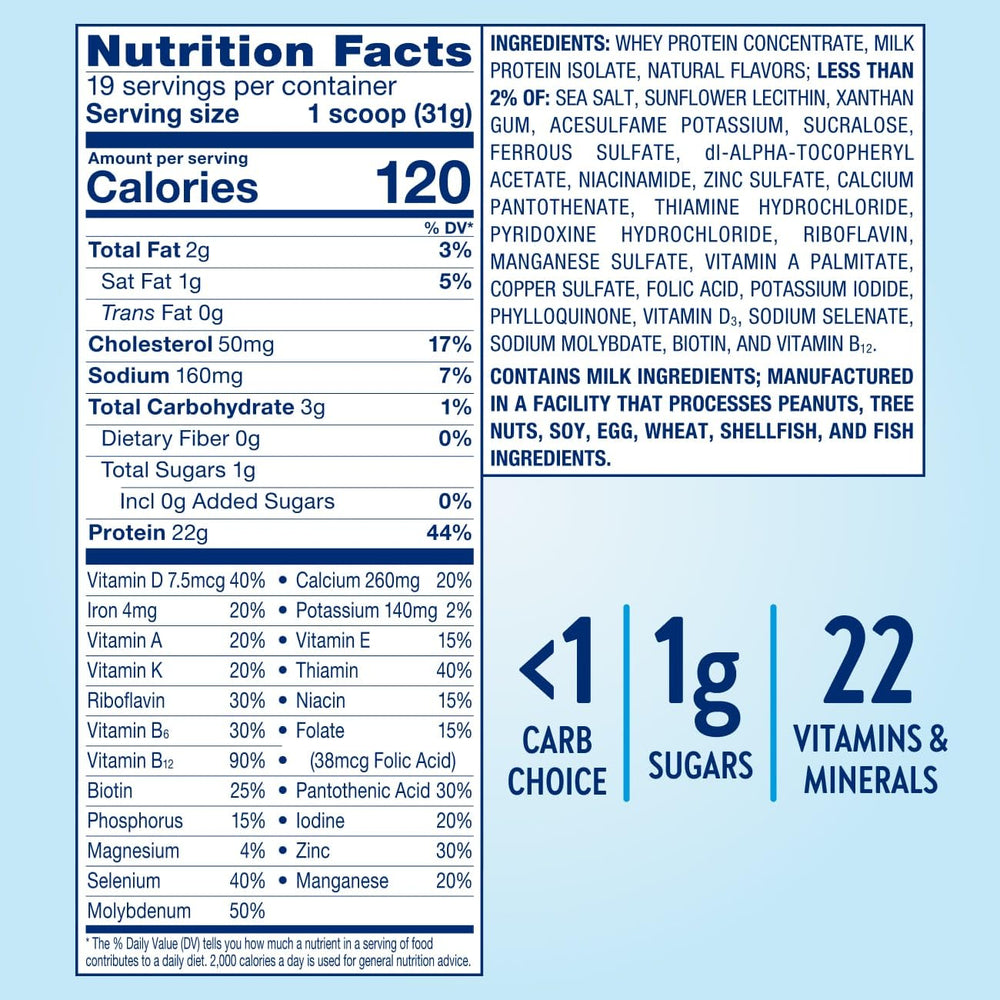 Glucerna Hunger Smart nutrition facts panel highlights vitamins and minerals with low sugars.