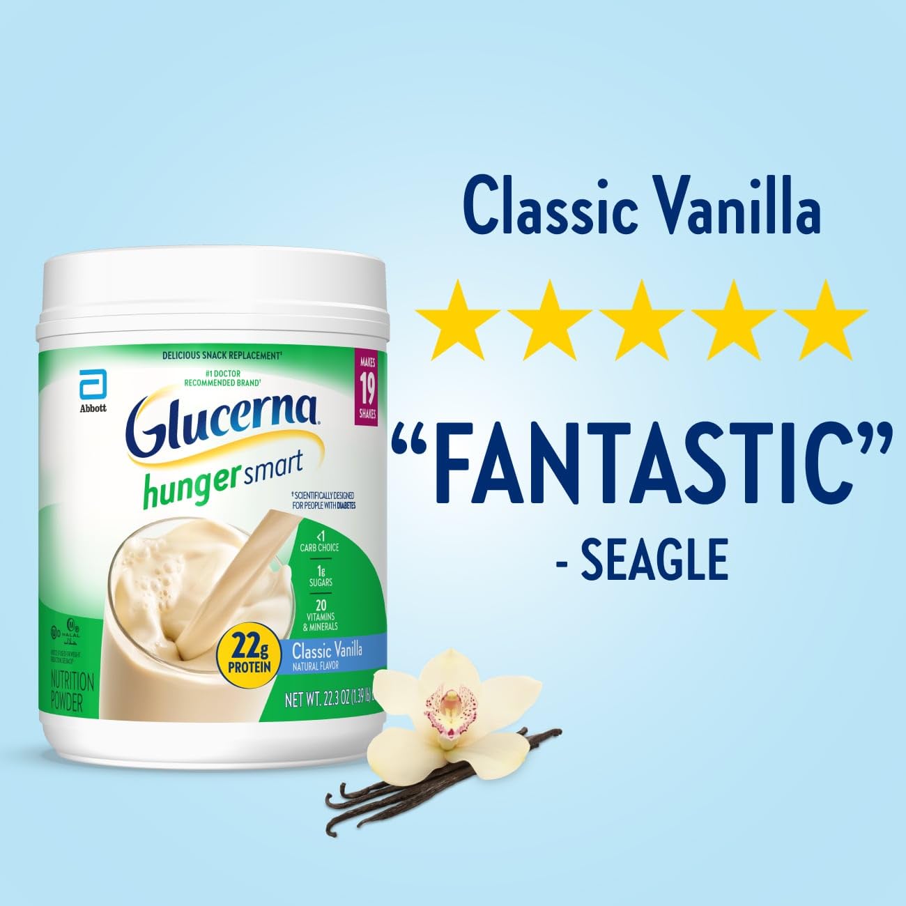 Glucerna Hunger Smart serving cup with scoop illustrates convenience for on-the-go use.