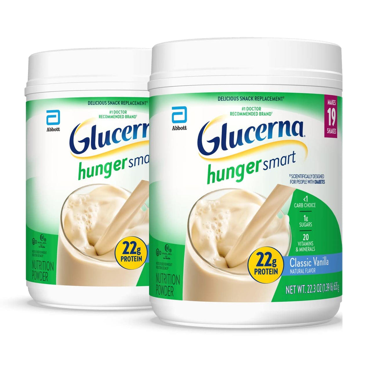 Glucerna Hunger Smart powder tub with vanilla flavor and diabetes-friendly nutrition.