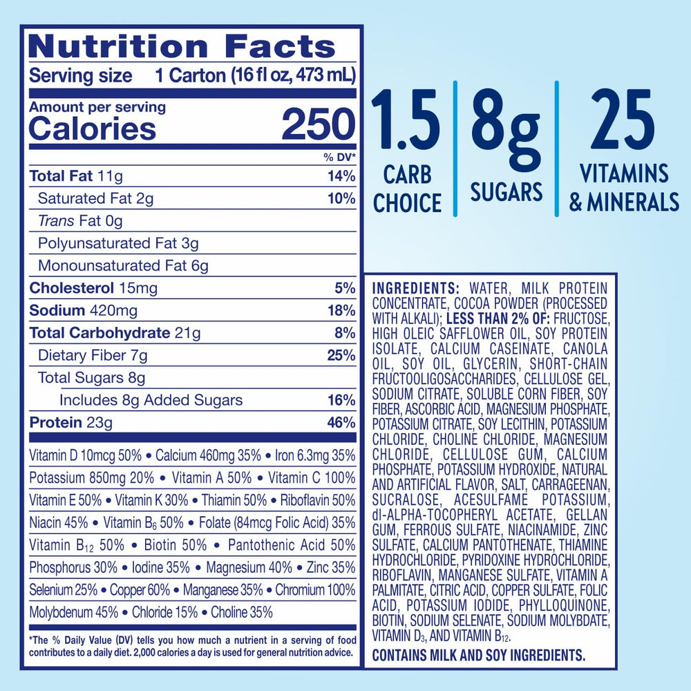 Glucerna Nutrition label highlights carb steady ingredients and vitamins.