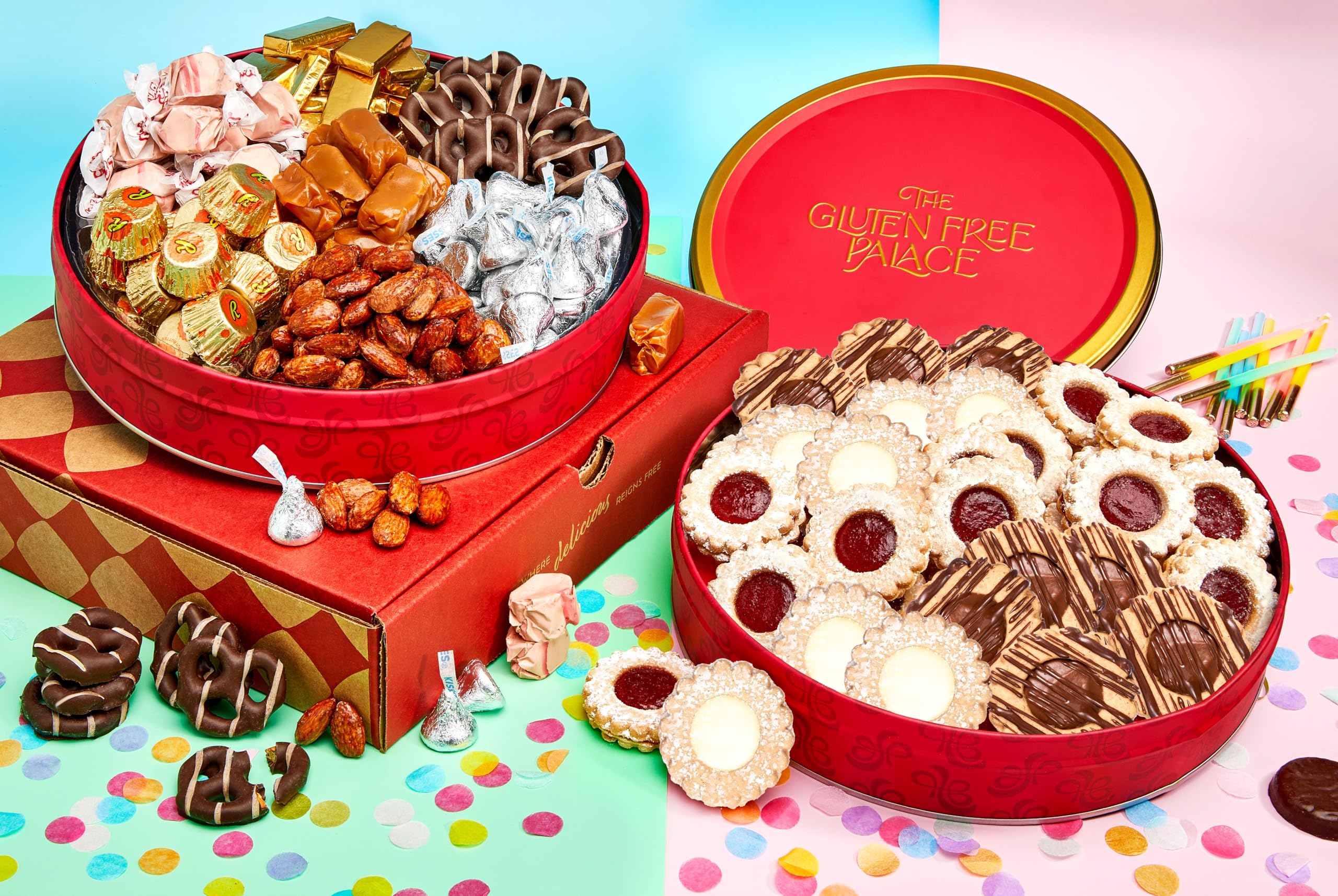 Gluten Free Palace gift basket stays fresh in sealed red tin through holidays.