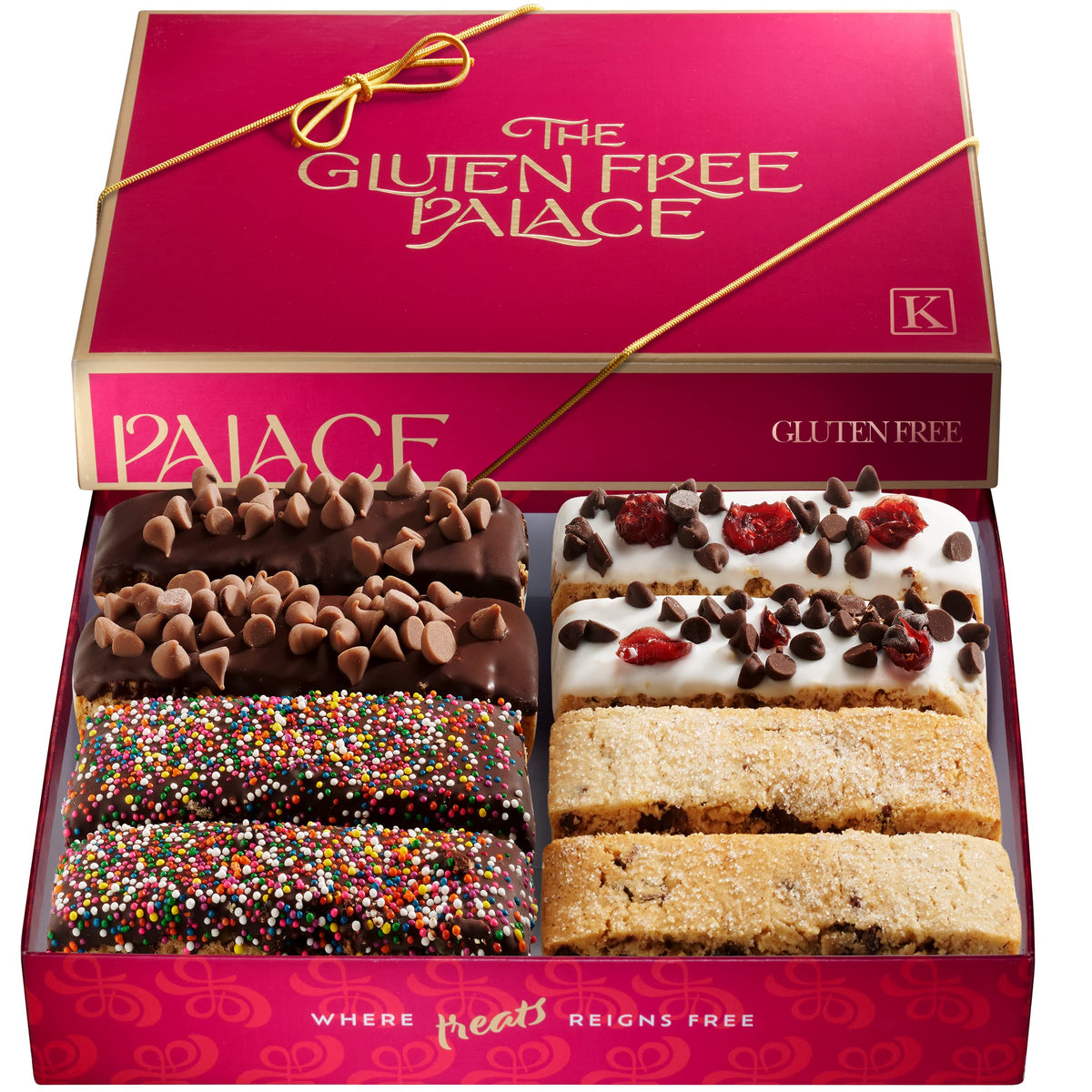 Gluten Free Palace biscotti gift basket box featuring artisanal gluten-free treats for Easter gifting.