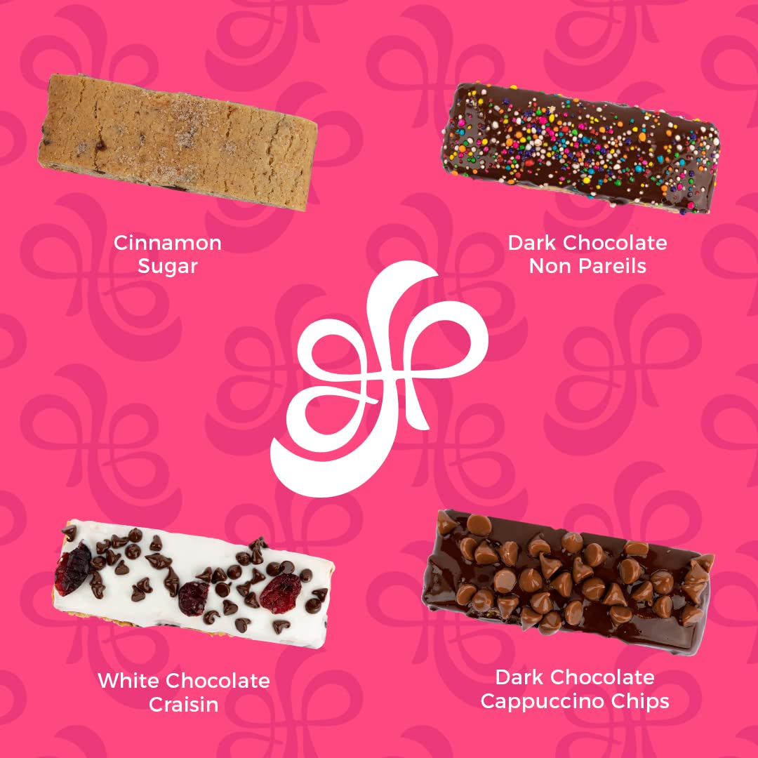 Gluten Free Palace hand-dipped biscotti toppings highlighting coconut and cappuccino accents.