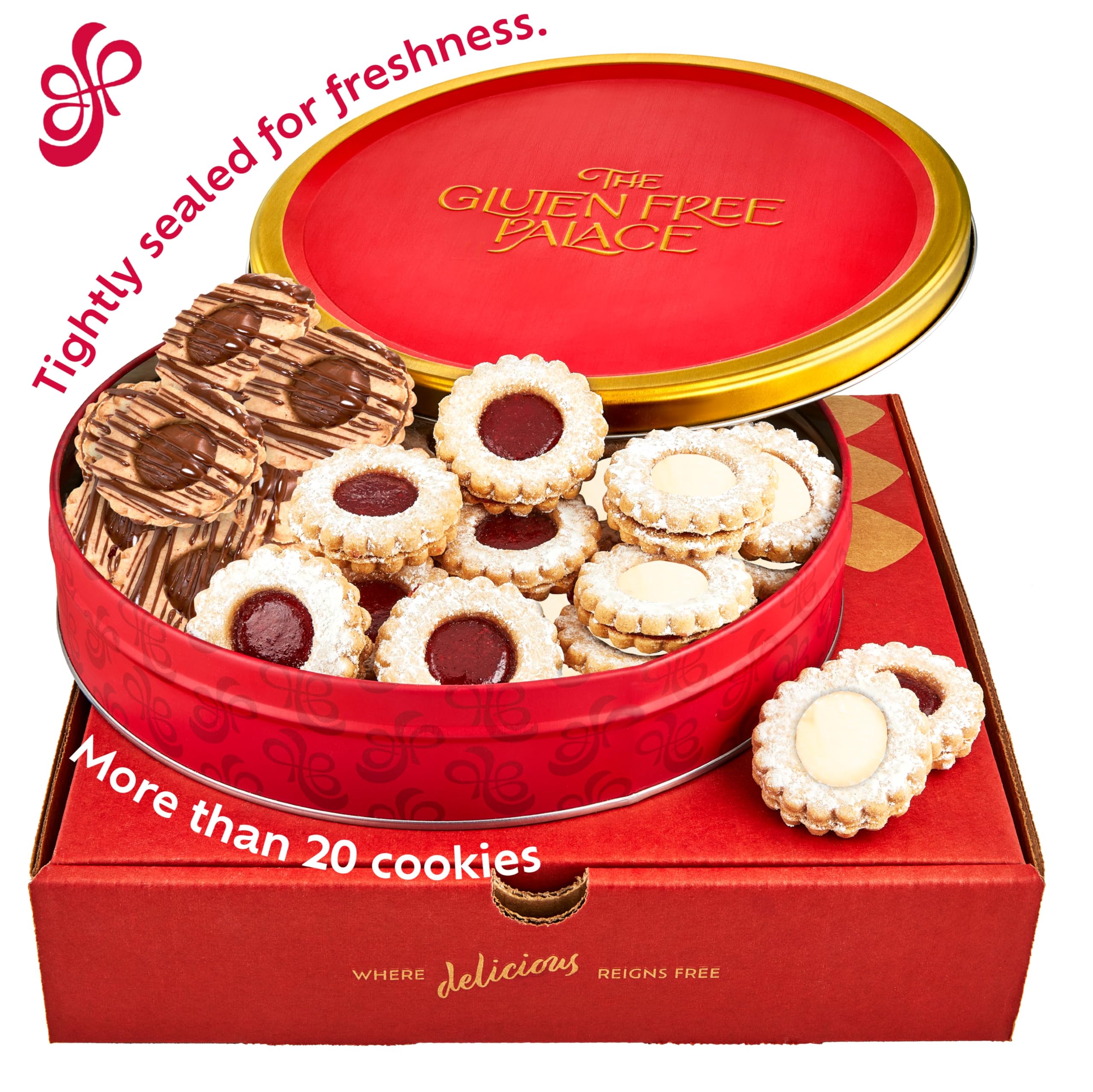 Gluten Free Palace lemon shortbread cookies showcase bright flavors in a festive red tin.