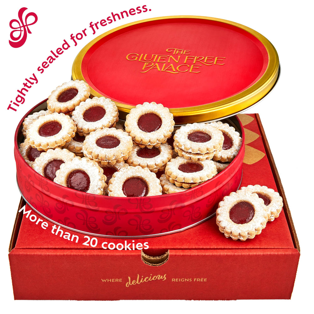 Gluten Free Palace Raspberry Linzer cookies close-up, premium gluten-free ingredients