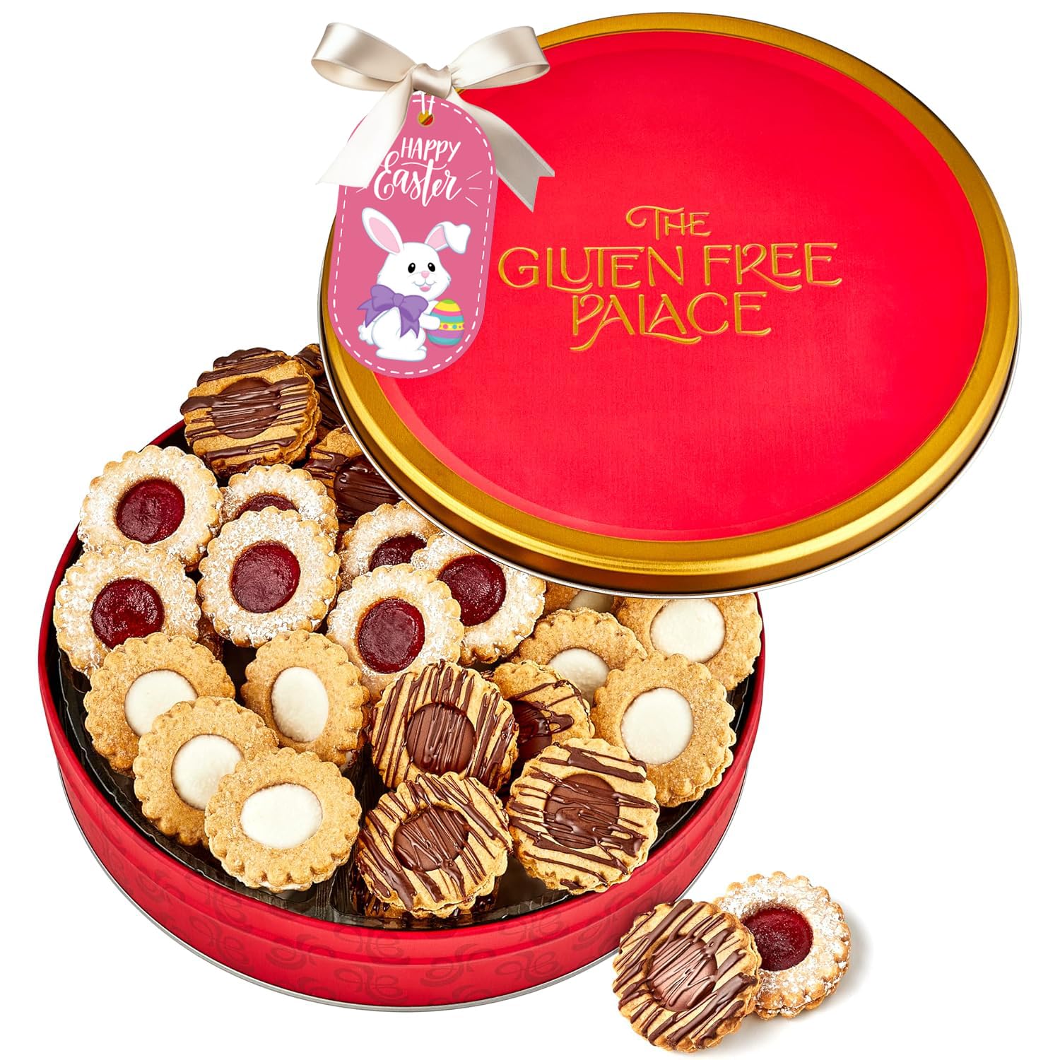 Gluten Free Palace raspberry Linzer tart cookies in a festive tin—great for gifting.