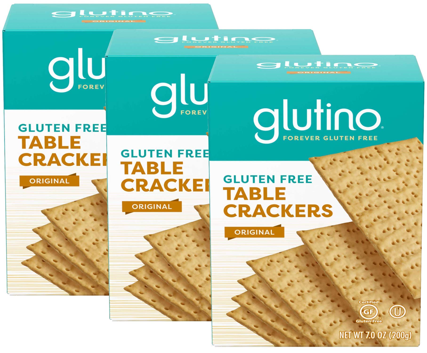 Glutino gluten-free table crackers pack-3 boxed for easy pantry storage.