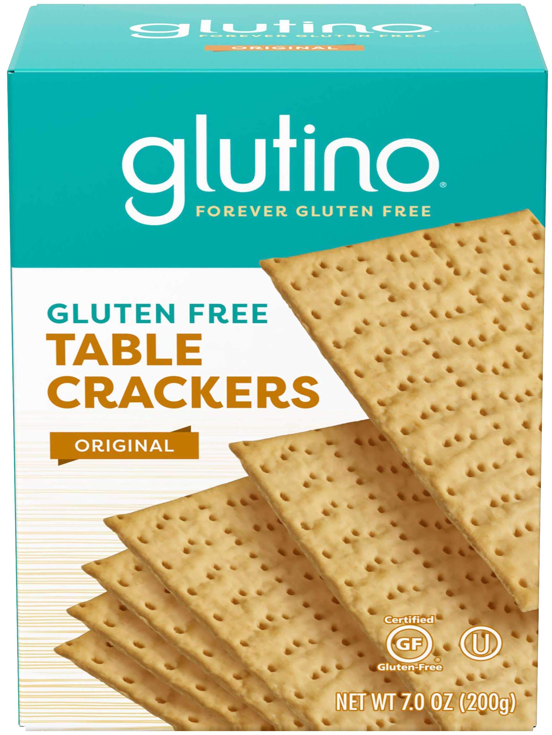 Glutino gluten-free table crackers pack-3 served with cheese on a board.