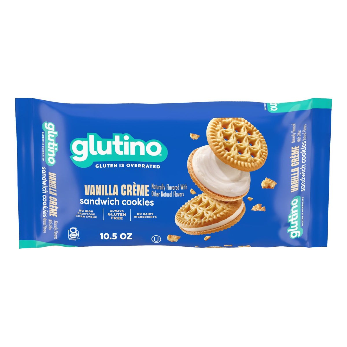 Glutino Vanilla Creme Cookies pack, gluten-free snack option for on-the-go.