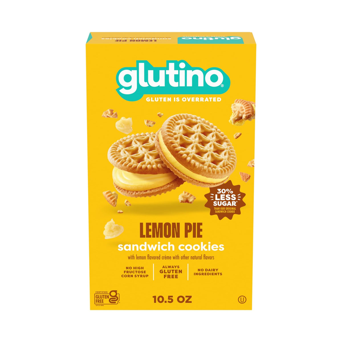 Glutino Lemon Pie Sandwich Cookies box shown for gluten-free snacking on the go.