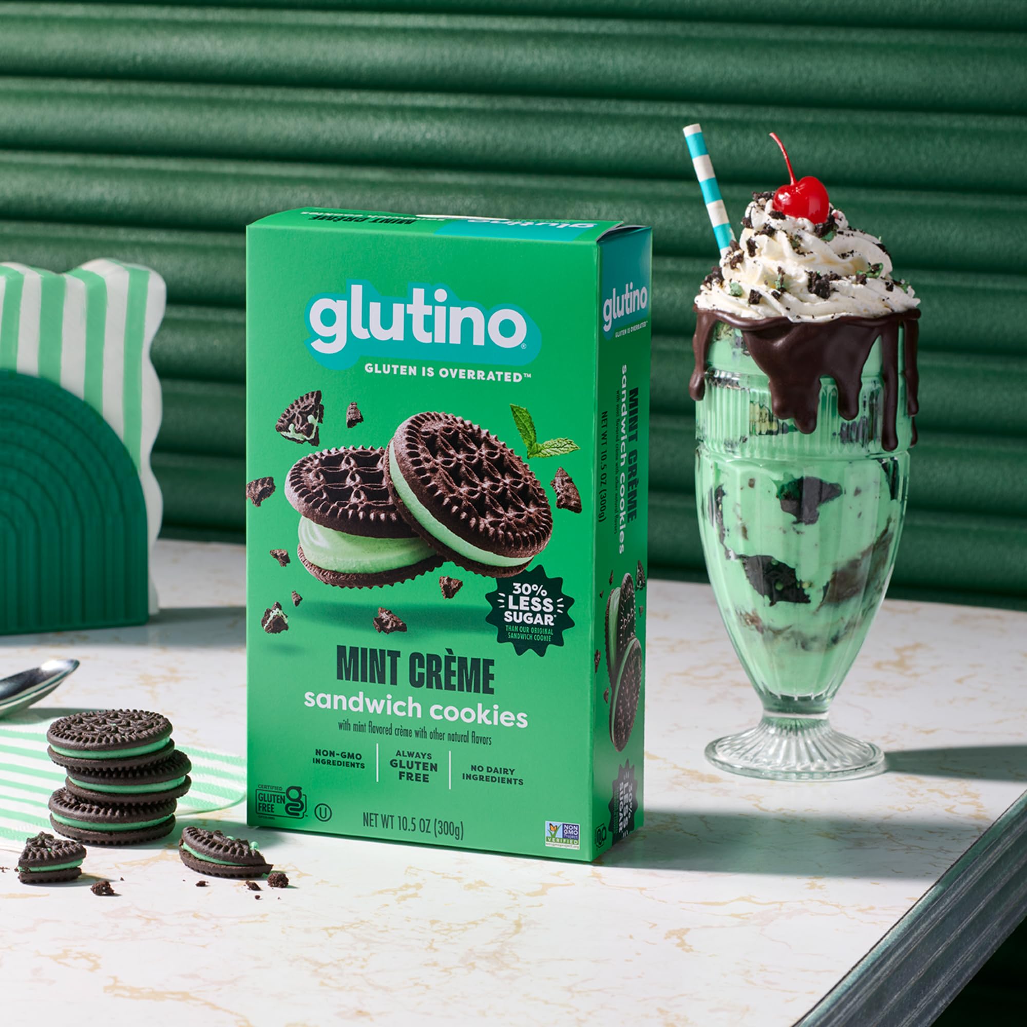 Glutino mint sandwich cookies ready for lunchbox or desk break