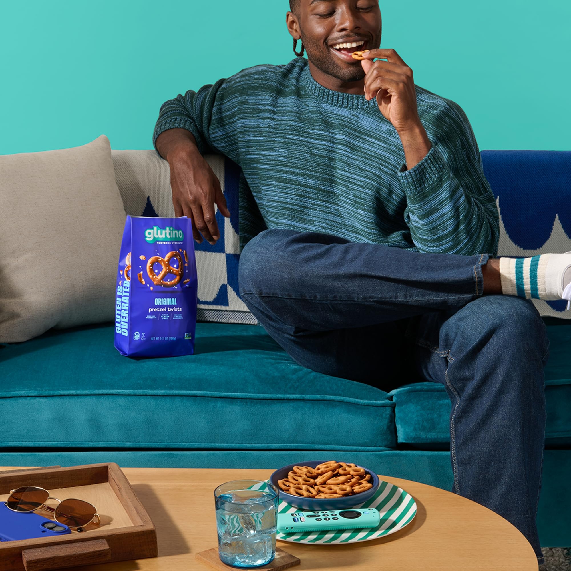 Glutino pretzel twists salted snack-time setup invites sharing and casual snacking.