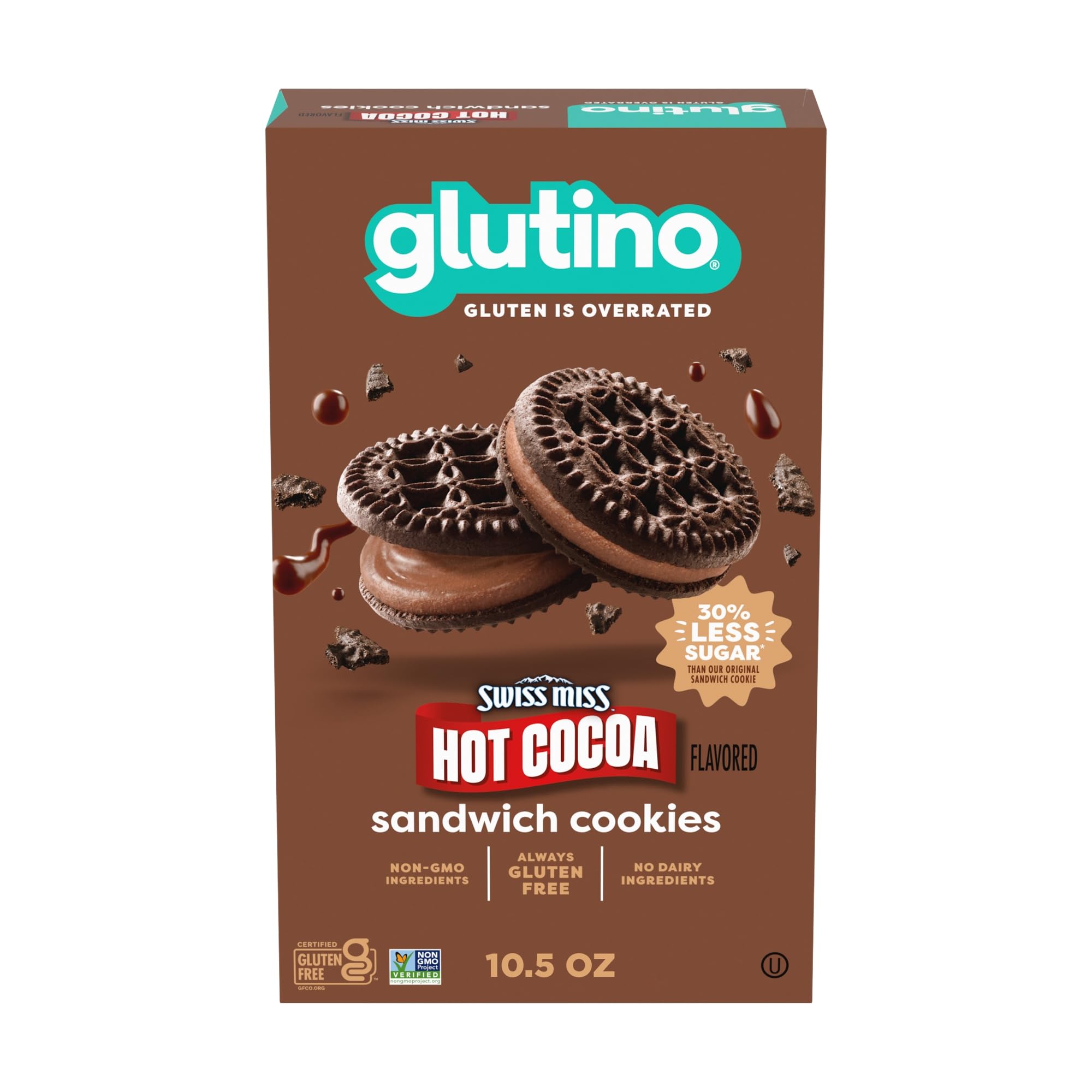 Glutino Swiss Miss gluten free hot cocoa cookies box, ideal on-the-go snack.