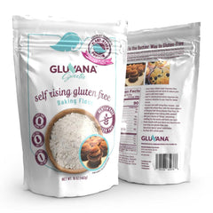 Gluvana self-rising gluten-free flour pack illustrating convenient gluten-free baking