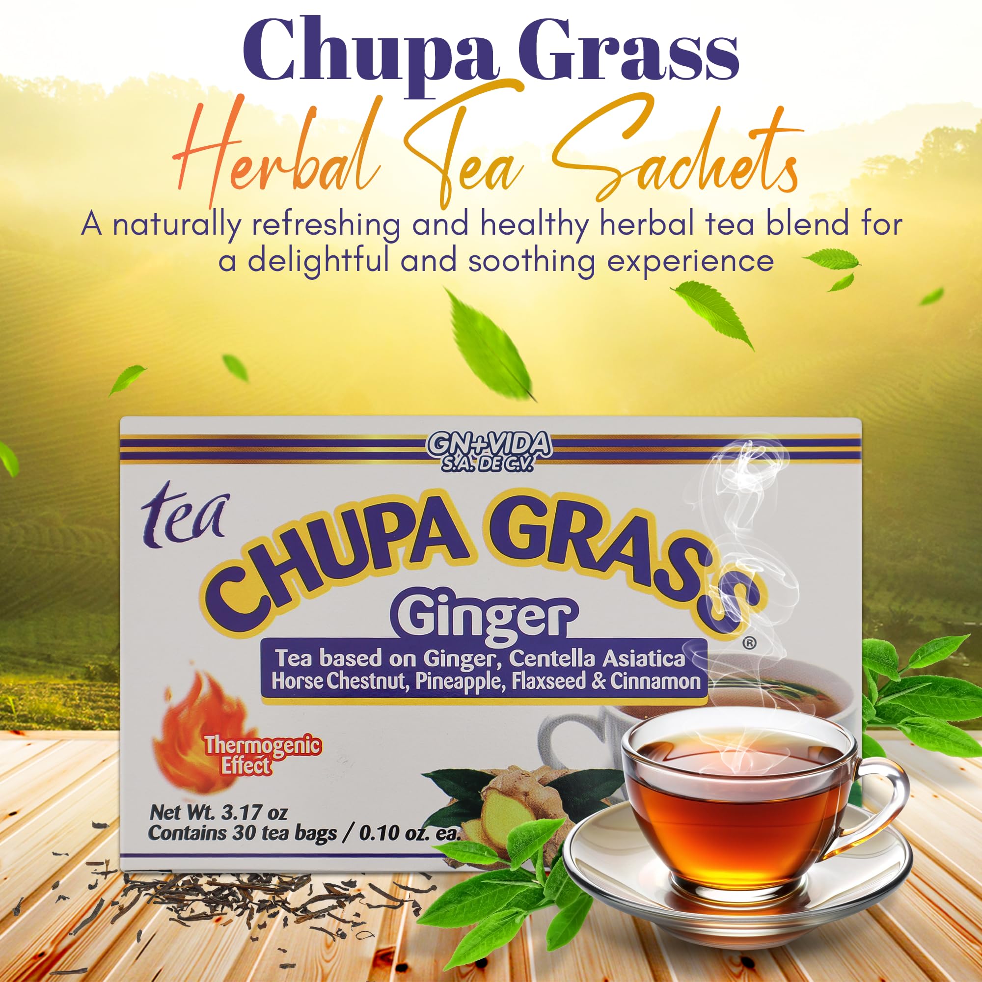 GN+Vida CHUPA Grass tea bags closeup highlighting ginger and cinnamon notes.