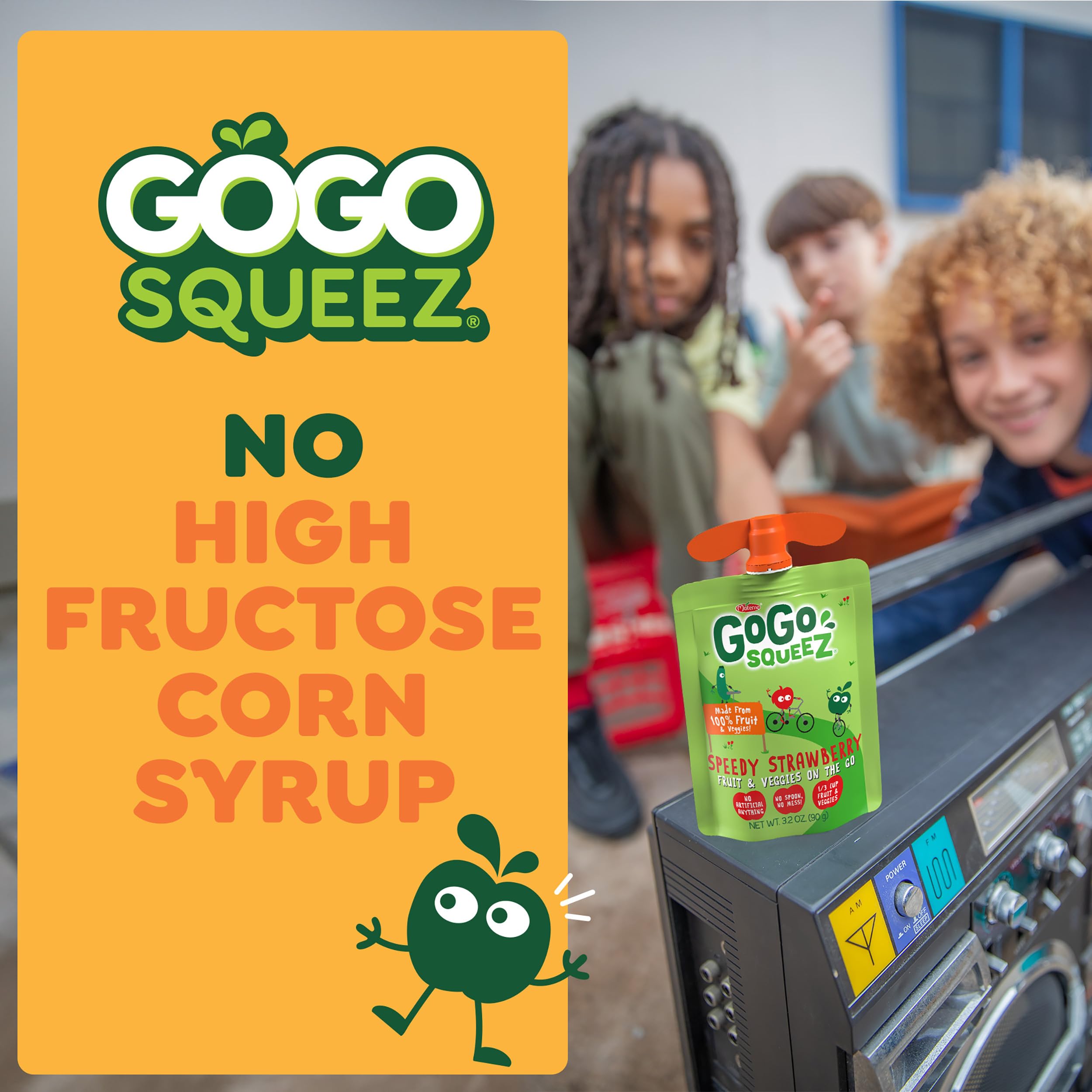 GoGo squeeZ pantry-safe pouch that requires no refrigeration.