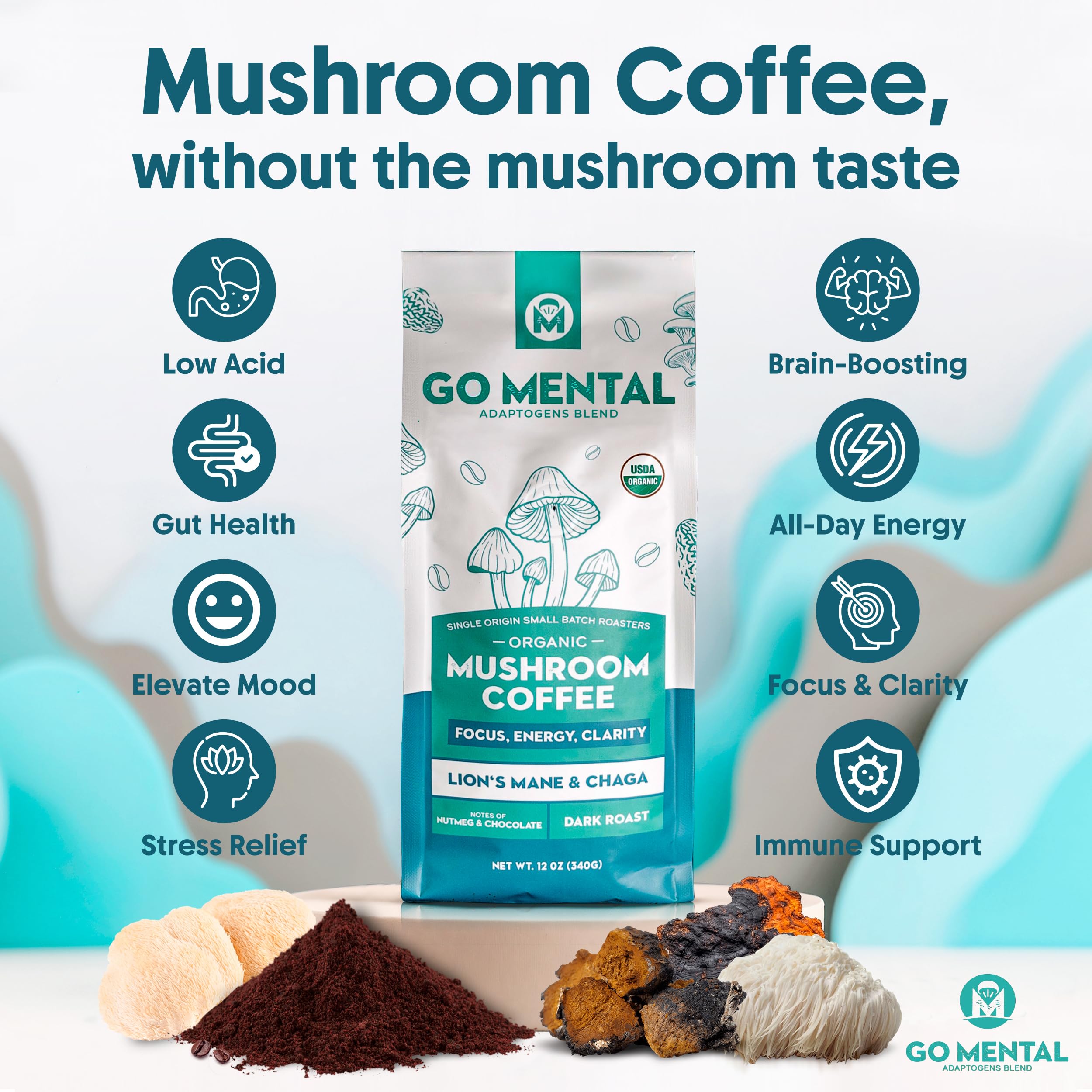 GO MENTAL lions mane mushroom full-fruiting body close-up aroma.