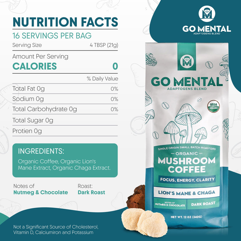 GO MENTAL organic coffee ground close-up for brewing excellence.